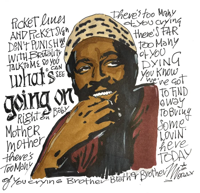 Marvin Gaye, disegno a pennarello con i testi scritti a mano
